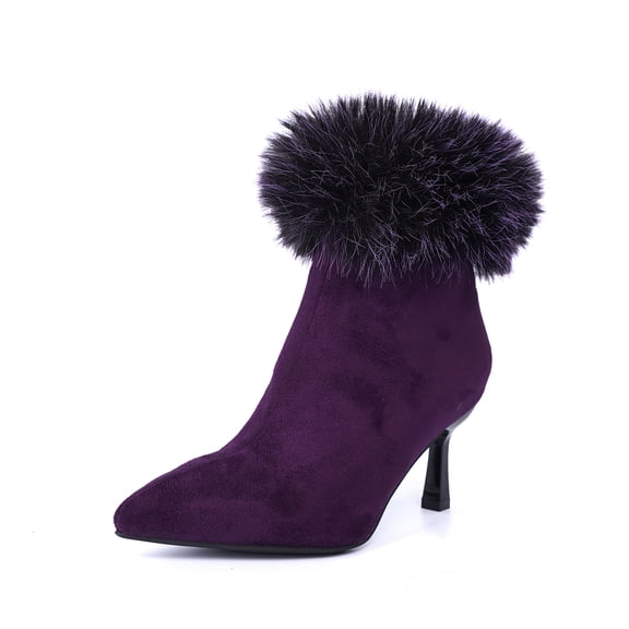 SACFOF Womens High Heel Fluffy Ankle boots Zip Pointed Toe Autumn Winter Shoes