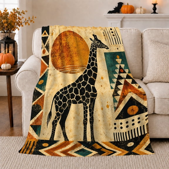 Vintage African Tribal Giraffe Mosaic Sun, Cozy Friendship Quote Scene, Warm Flannel Blanket for Living Room and Reading Nook, Art Lovers Friendship Gift, Artistic Home Decor