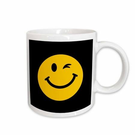 

3dRose Winking Smiley Face - yellow happy wink - flirty - cheeky - cute flirt humorous fun cartoon on black Ceramic Mug 15-ounce