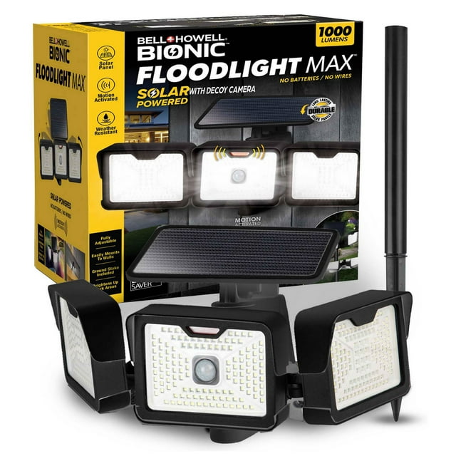 Bell + Howell Bionic Floodlight Max Solar Powered 1000 Lumens Motion Sensor Outdoor Security Light with Stake and Wall Mount