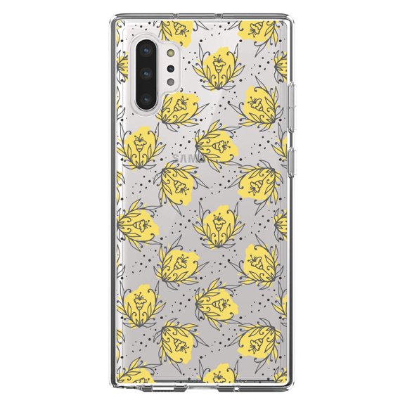 DistinctInk Clear Shockproof Hybrid Case for Galaxy Note 10 PLUS (6.8" Screen) - TPU Bumper Acrylic Back Tempered Glass Screen Protector - Wildflower Yellow Graffiti