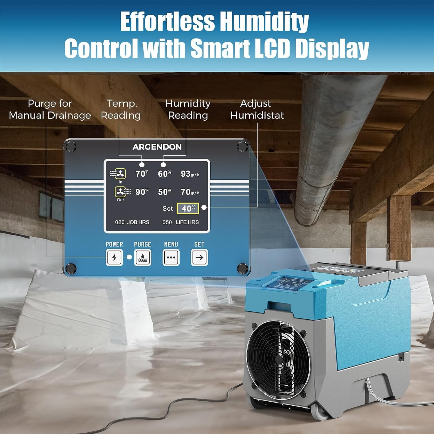 ARGENDON 180 PPD Commercial Dehumidifiers, Up to 2,300 sq. ft.Crawl Space Dehumidifier with Pump, Auto Defrost, Memory Starting for Home/Industry Use, Water Damage Restore, Basement, Limited 5