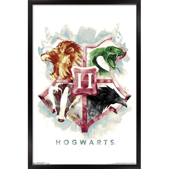 The Wizarding World: Harry Potter - Hogwarts Illustrated House Crests Wall Poster, 14.725" x 22.375", Framed