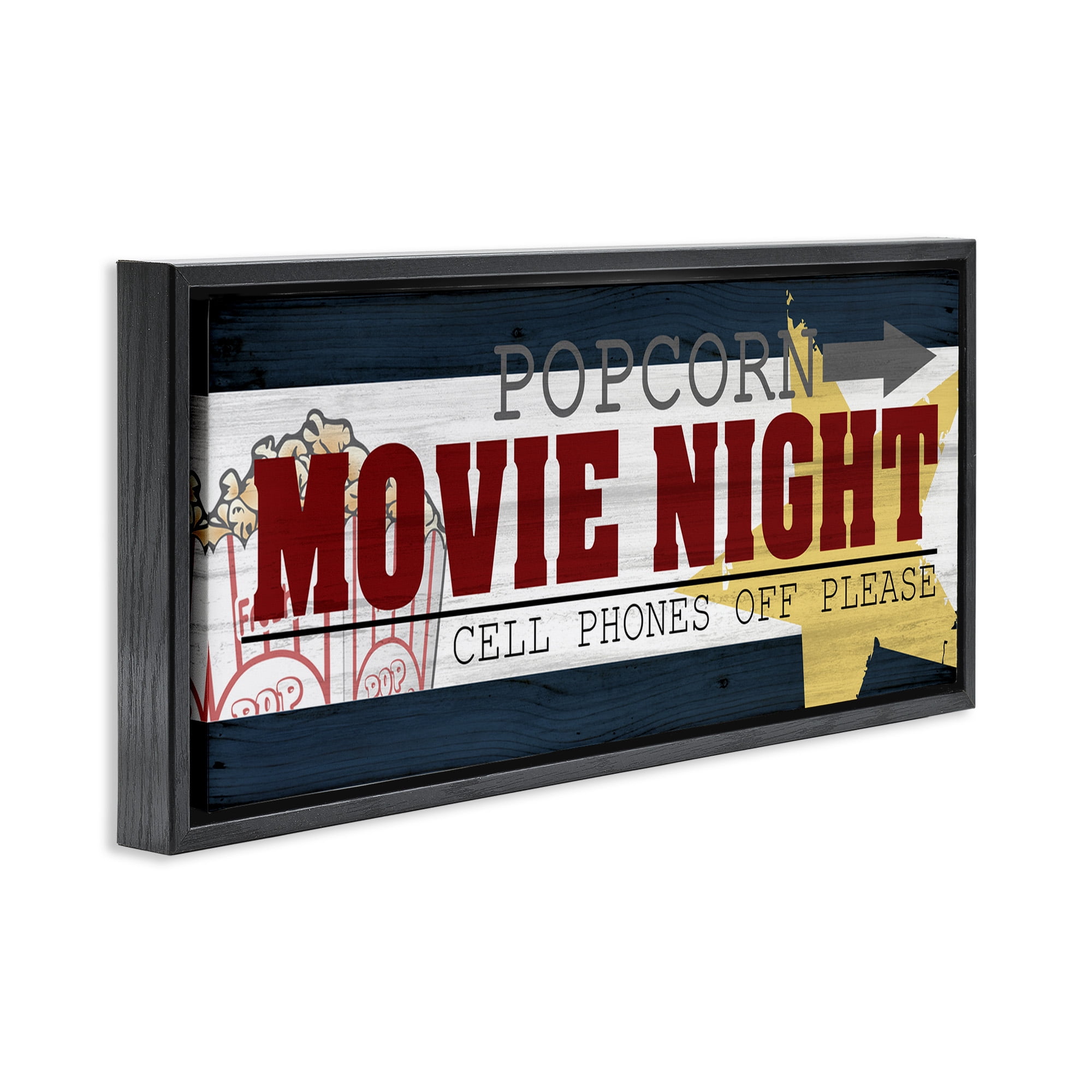 Stupell Industries Movie Night Vintage Sign Typography Painting Black Floater Framed Canvas Art Print Wall Art, 25 x 11