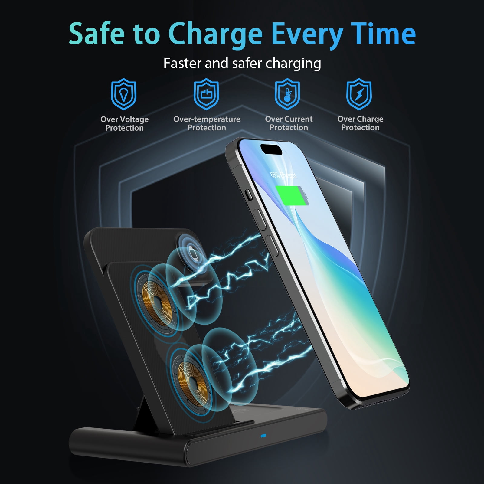 15W Fast Wireless Charger Station for iPhone 16 15 14 13 12 11 Pro Max SE X,,3 in 1 Charging Stand for Apple Watch, for AirPods 4 3 2 Pro, Multi Device Charger(Black)