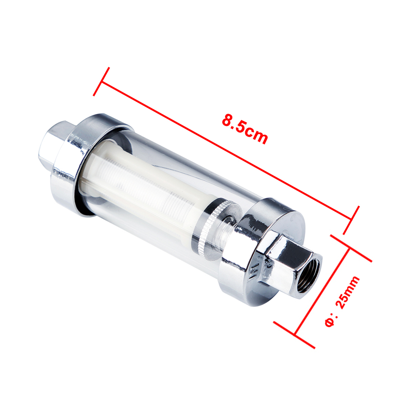 Show as photo-Universal Chrome Glass Fuel Filter, 100%, 1/4, 5/16, 3/8 inch, Reusable, Inline Washable, 4.2 inch