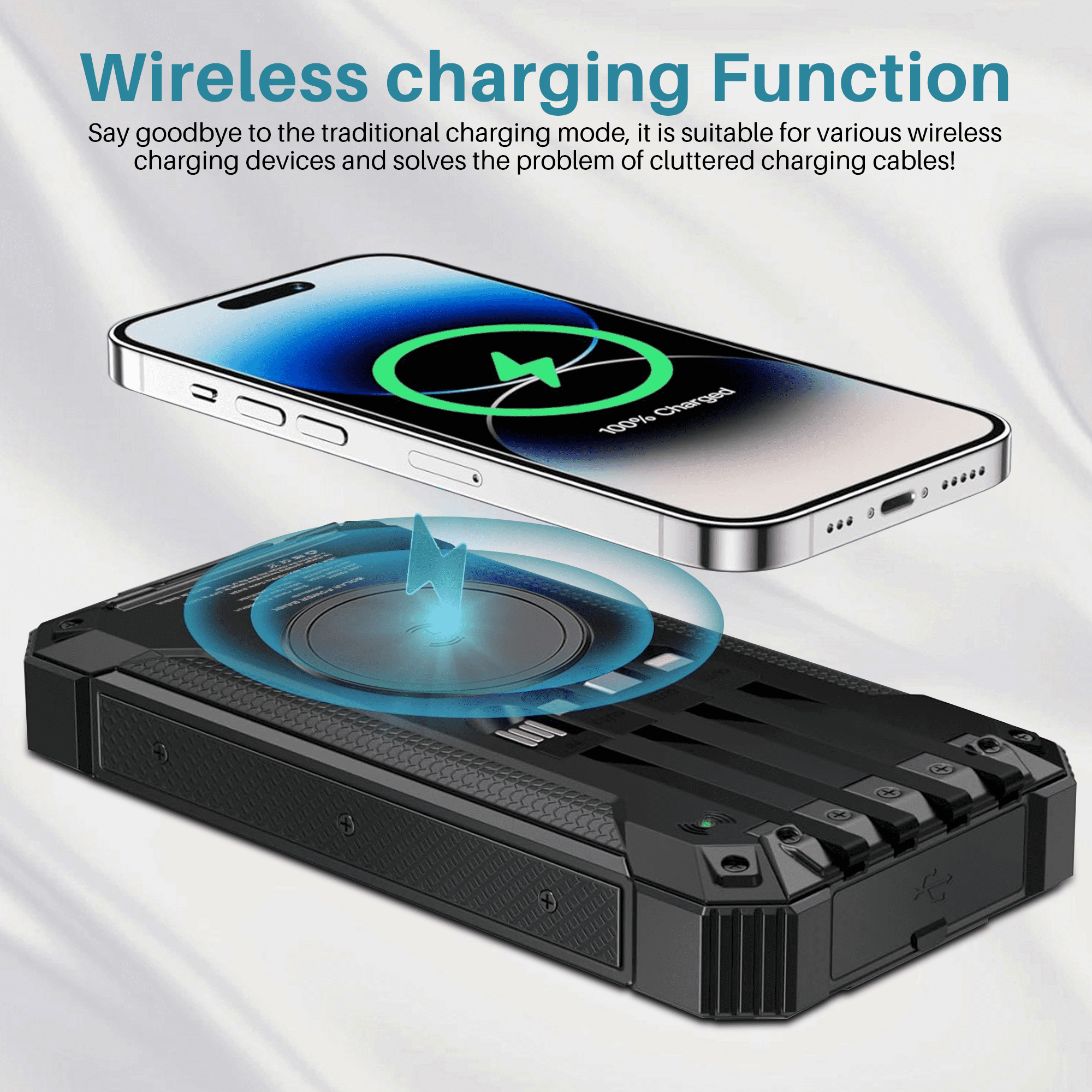 OWNTECH 30000mAh Solar Power Bank Portable Charger with 4 Cables & 3 USB Ports, Wireless Charger with LED Light, Compatible with iPhone, Android, for Camping, Hiking, Black
