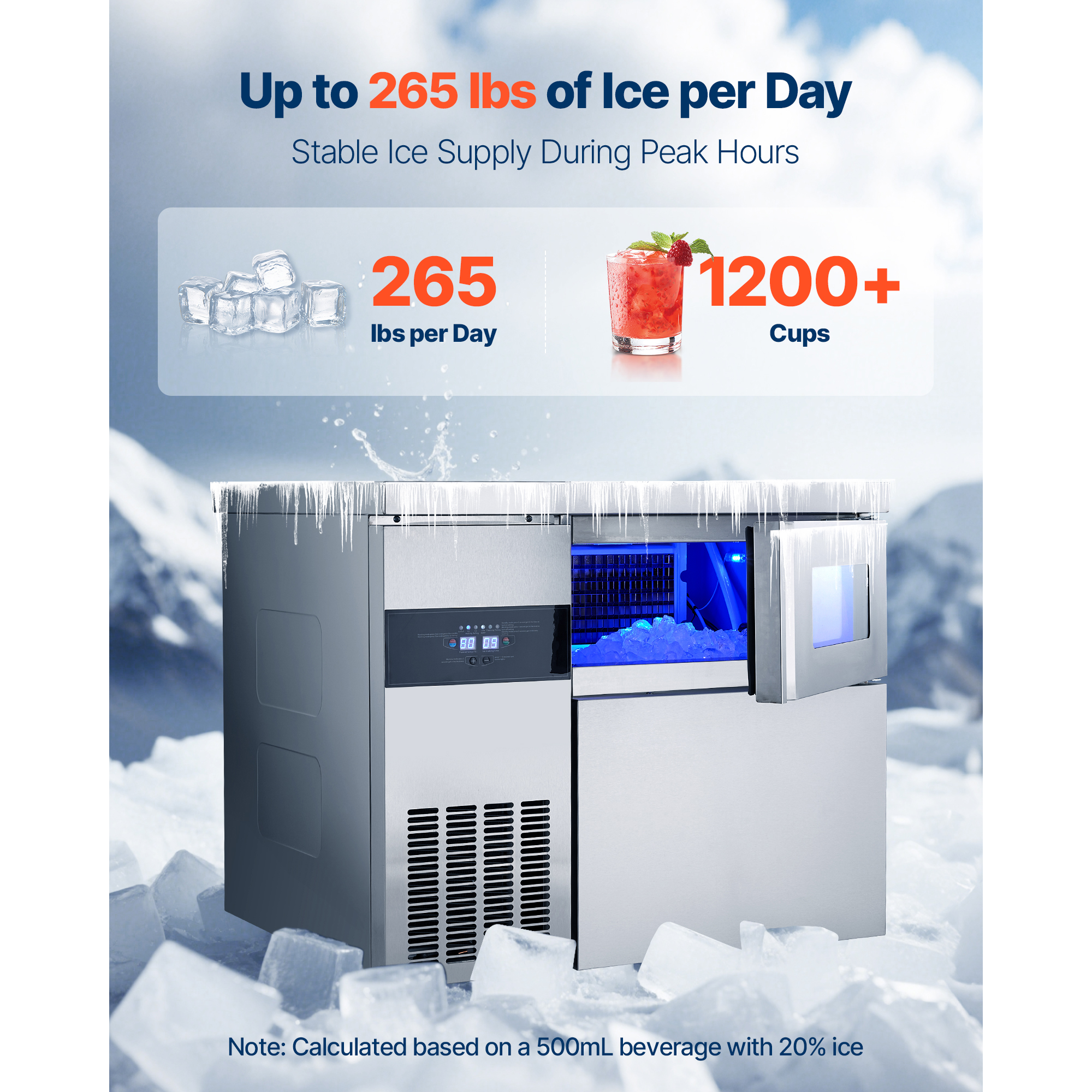 KFFKFF Commercial Ice Maker Machine, 265 lbs/24H Stainless Steel Ice Maker with Countertop, 66 lbs Storage & 126 Cubes per Cycle, Self-Cleaning Freestanding Ice Machine for Home, Bar, Office
