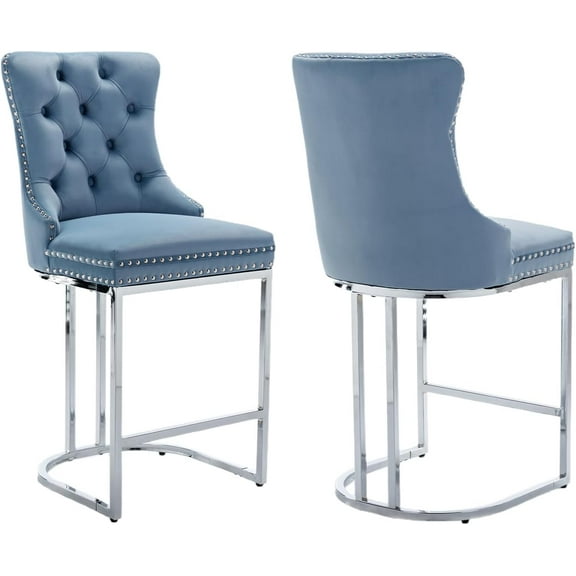 25" Counter Height Bar Stools Set of 2, Modern Velvet Barstools with Chrome Metal Legs and Tufted Back, Upholstered Island Chairs for Kitchen Island, Pub, Cafe, Light Blue