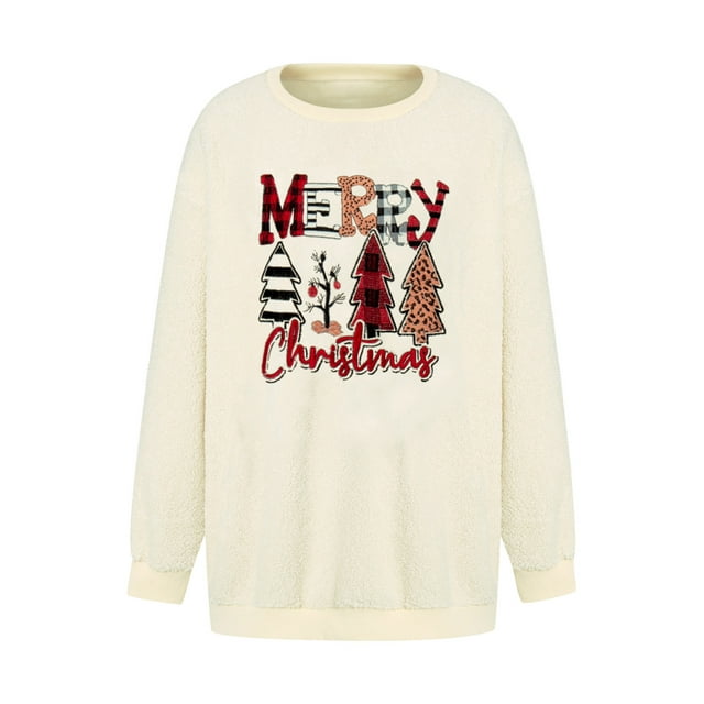 Kmbangi Pull en Molleton pour Femmes Manches Longues Col Rond Chandail en Molleton de Noël pour Automne Hiver