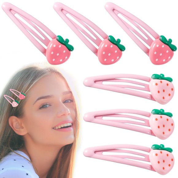 PAGOW 6 Pcs Strawberry Hair Clips, Y2K Pink Cute Hair Barrettes, Fruit Cutecore Hair Accessories, Decorative Metal Snap Hair Clips for Women (Light Pink, Dark Pink)