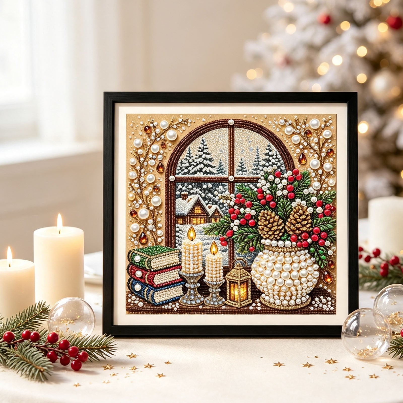 DIY Christmas Pearl Diamond Arts Art Kit Christmas Pearl Beads Art Craft for Beginners Xmas Home Wall Decor Art Craft Kit