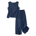 thumbnail image 4 of VISALY Women's 2 Piece Linen Outfit Plus Size Sleeveless Crew Neck Tank Top Cami Tunic Shirts Drawstring Waist Wide Leg Linen Pants with Pockets Lounge Resort Casual Beach Vacation Clothes Navy 3Xl, 4 of 9