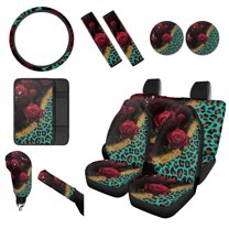 Renewold Rose Green Leopard Print 12 Pieces Car Seat Covers Set for Women, Soft Auto Seat Protector Steering Wheel Seat Belt Armrest Pad Handbrake Gear Shift Cover Coasters Car Decor