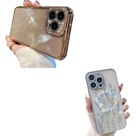 Compatible with iPhone 14 Pro Max Case,Luxury Glitter Rhinestone Bling Diamond Sparkle Design and Cute Aesthetic Flower Floral Pattern Design Magnetic Case for Girls Women