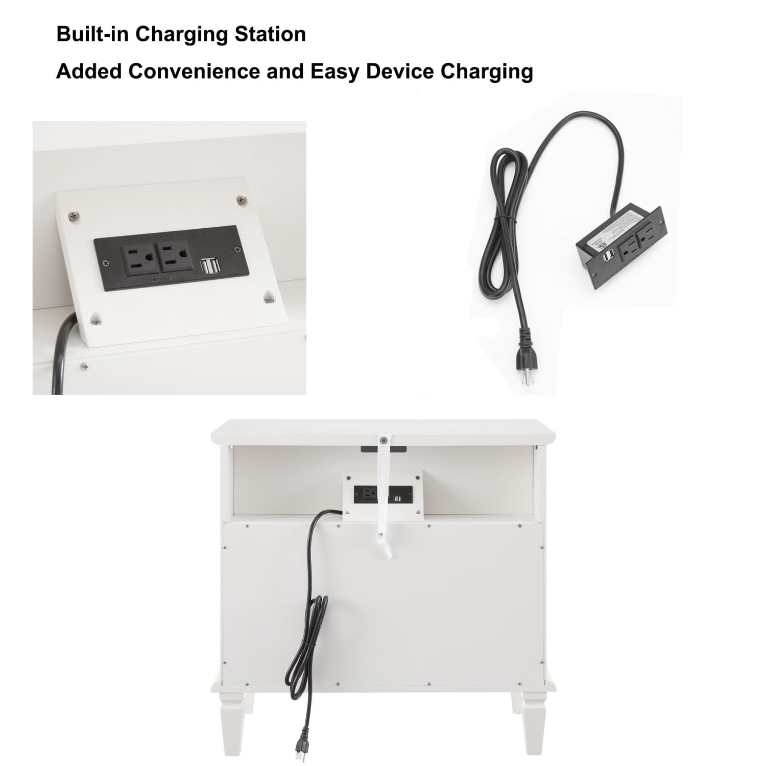 Nightstand with Charging Station, Farmhouse End Table with 2 Drawers and Open Shelf, USB Ports & Outlets, Fluted Design Bedside Table with Solid Wood Legs, White