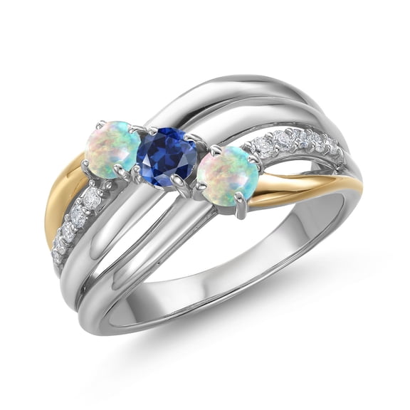 925 Silver and 10K Yellow Gold Simulated White Opal and Blue Created Sapphire and Lab Grown Diamond Engagement Ring for Women | 0.90 Cttw | Round Cabochon 4MM | October Birthstone | Size 6