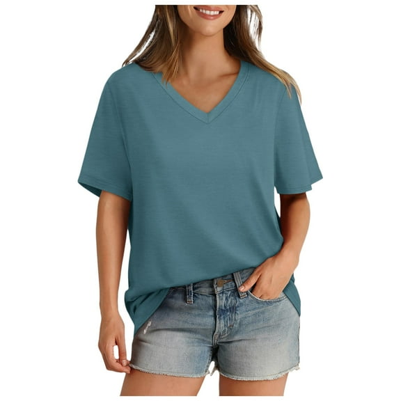 YOUSNH Women's T Shirt V Neck Short Sleeved Casual Loose T Shirt Top Will Be Popular in 2024 T-shirts for Women 2024 Blue M