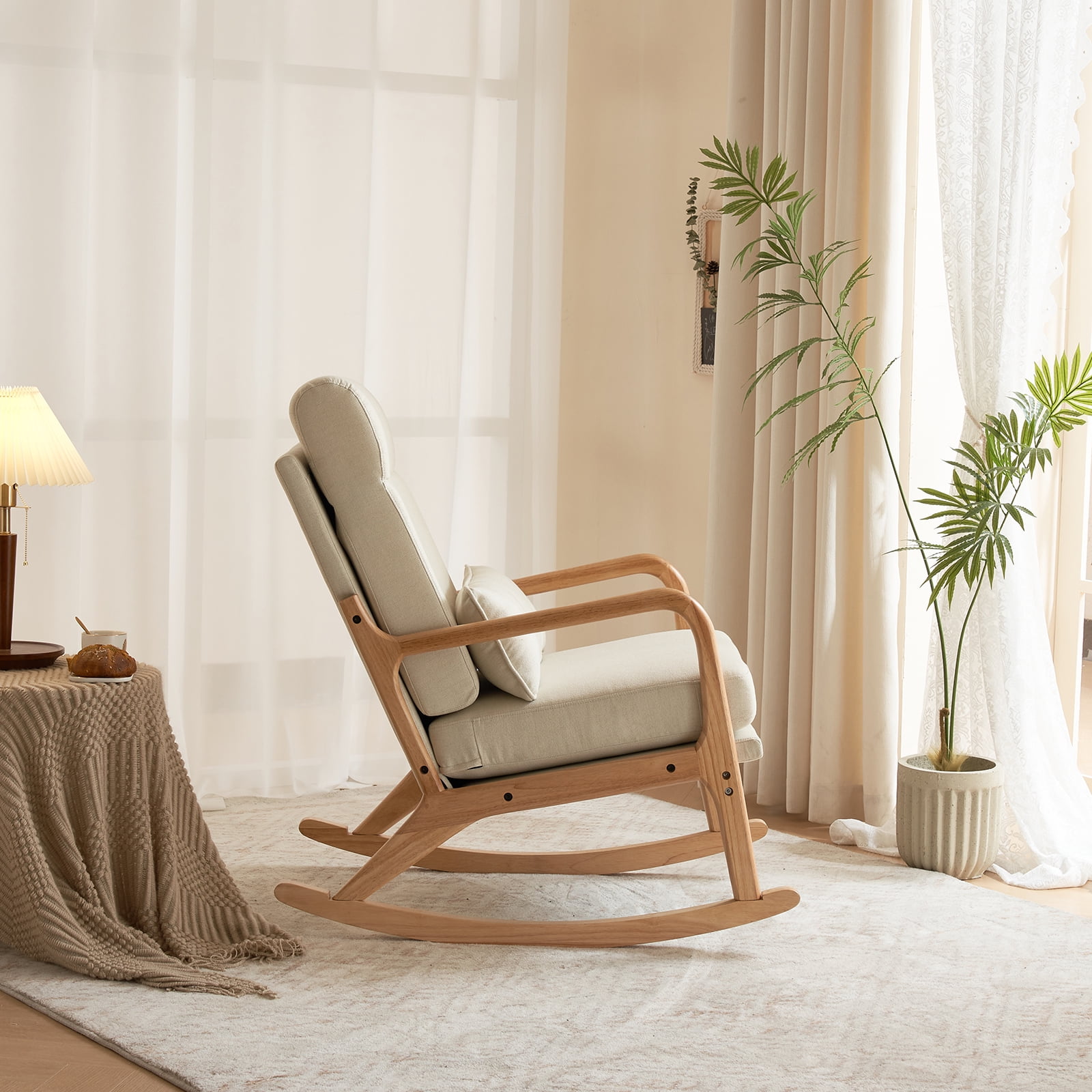 Ktaxon Mid Century Rocking Nursery Chair Solid Wood Frame Accent Chair, Line fabric Upholstered Glider Rocker Modern Padded Armchair with Lumbar Pillow Beige