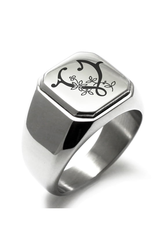 Stainless Steel Letter V Initial Floral Monogram Engraved Engraved Square Flat Top Biker Style Polished Signet Ring