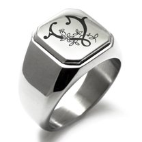 Stainless Steel Letter V Initial Floral Monogram Engraved Engraved Square Flat Top Biker Style Polished Signet Ring