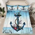 thumbnail image 2 of Vintage Anchor King Sheet Set Teal Aqua Blue Sheets, Nautical Themed Bed Set Retro Compass Lighthouse Bed Sheets Set, Coastal Farmhouse Lodge Cabin Fitted Sheet, 2 of 5