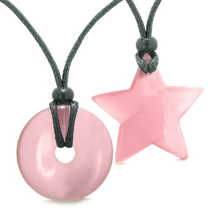 Large Coin Donut Super Star Amulet Love Couple or Best Friends Pink Simulated Cats Eye Pendant (Best Way To Cure Pink Eye)