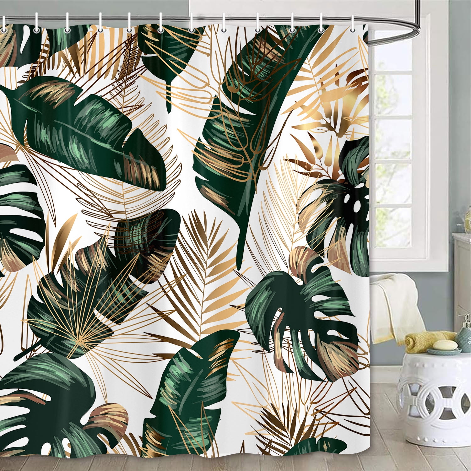 Green Tropical Jungle Leaves Shower Curtain for Bathroom,Golden Leaves Plant Shower Polyester Fabric Shower Curtains,Palm Leaf Shower Curtain Set with Hooks 72X84in