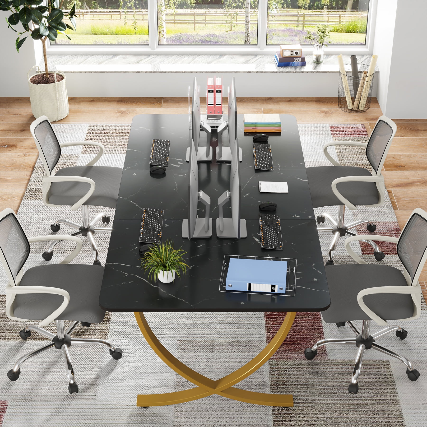 Tribesigns 63" Executive Desk, Large Office Desk with Black & Gold Finish, Modern Computer Desk for Home Office, Conference Room