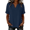 thumbnail image 3 of VBVC Women's Cotton-Linen V-Neck Blouse, Ladies' Rolled Cuff Short Sleeve Side Shirt, Button Detail Summer Tunic Top For Women,Navy,S-2XL, 3 of 7