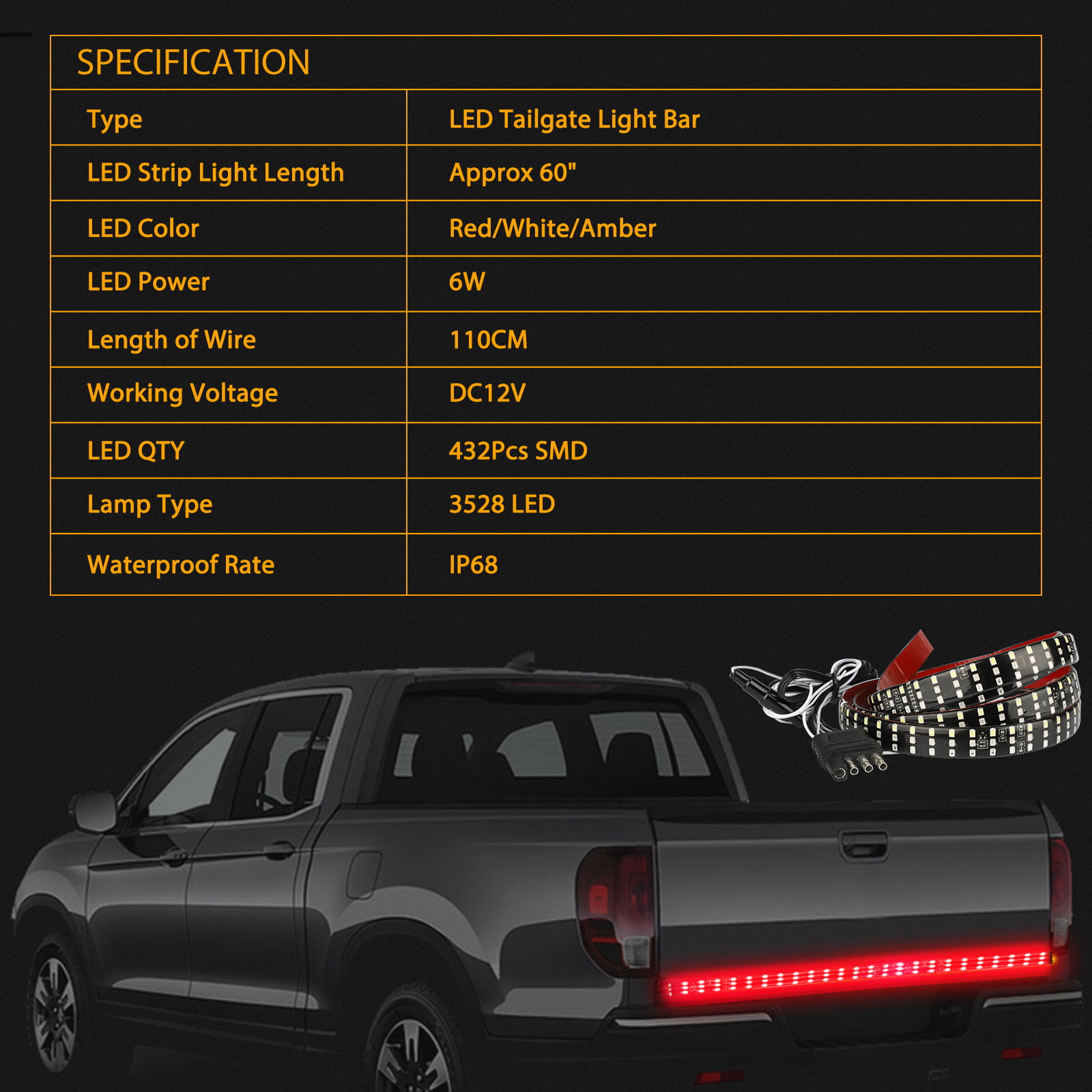 Kingshowstar New 60 Auto Tailgate LED Light Bar Red Yellow White Reverse Stop Running Brake Turn Signal Lightwith 60pcs Red 60pcYellow &30pcs White LED,2 Year Limited Warranty 