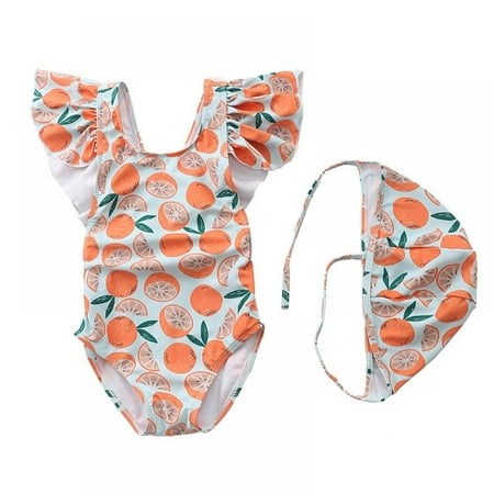 

BULLPIANO Toddler Baby Girl Swimsuit Beach Wear Infant Girls One Piece Ruffle Bathing Suit with Hat 1-7 Years