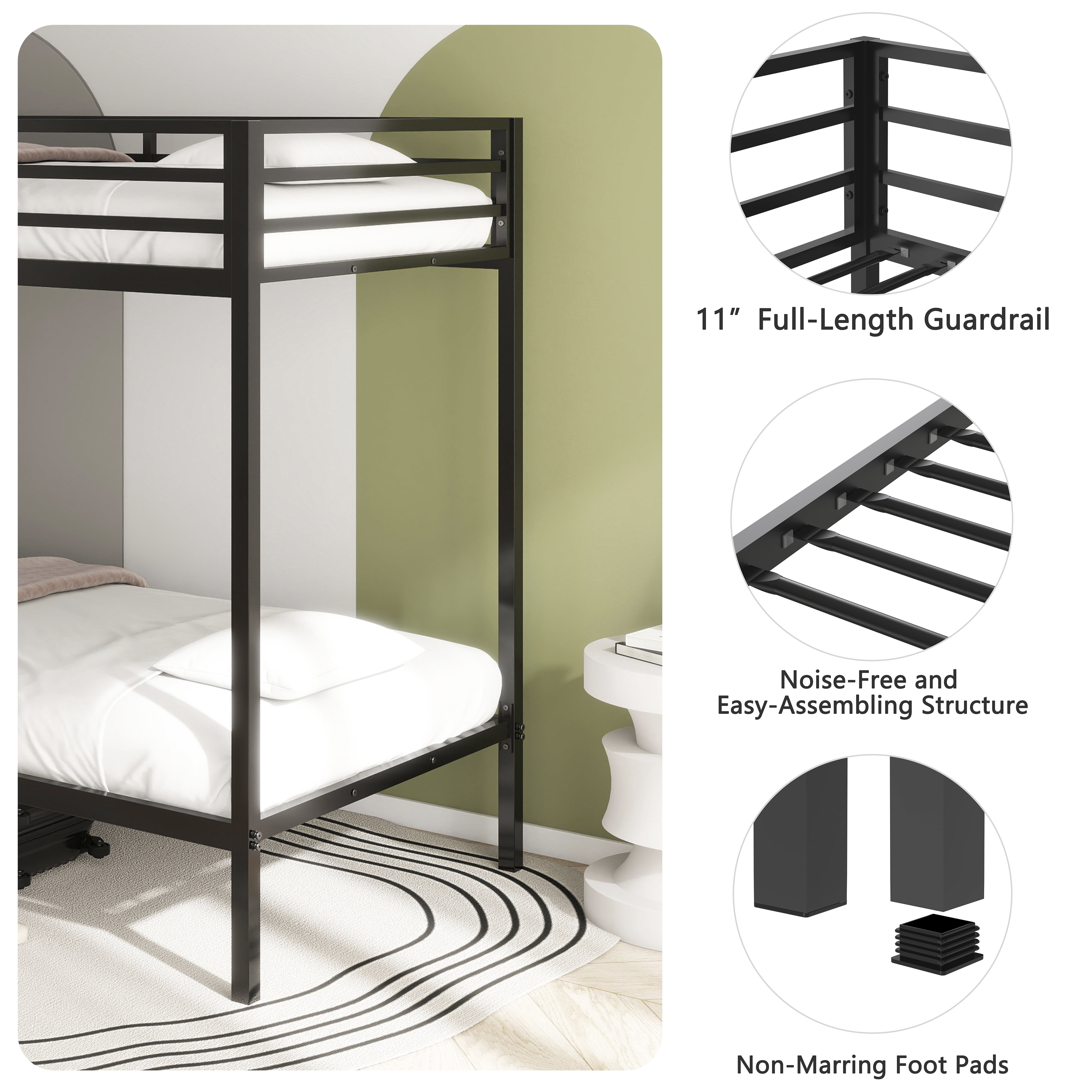 Twin Bunk Bed, Twin Over Twin Bunk Bed - Heavy-Duty Metal Frame with Full-Length Guardrails and Built-in Ladder, Low Noise Design, Easy Assembly, Space Saving for Bedroom, Black