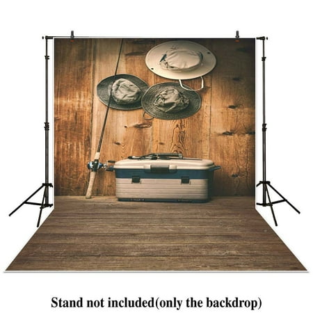 Photographer Gear GreenDecor Polyester Fabric 5x7ft photography backdrop retro Fishing gear Hat Box Wood brown baby shower children background photo studio photocall ()