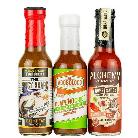 Hot Ones Season 21 Heat Pack Hot Sauce Made With Natural Ingredients, Spicy Condiment Variety Pack: Mako Snake Hot Sauce by The Spicy Sharkm, Jalapeño Chico Hot Sauce by Adoboloco, Watermelon Ghost H
