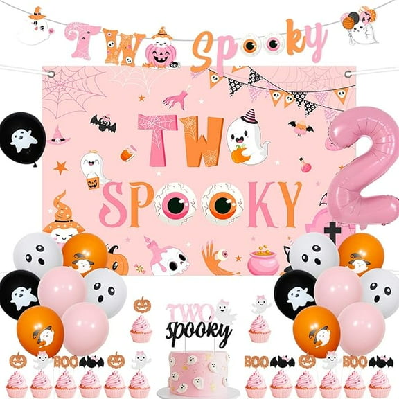 Halloween 2nd Birthday Party Decorations, Pink Orange Two Spooky Cake Cupcake Topper Backdrop Banner Cute Ghost Latex Balloons Number 2 Foil Balloon for Second Bday Party Decor