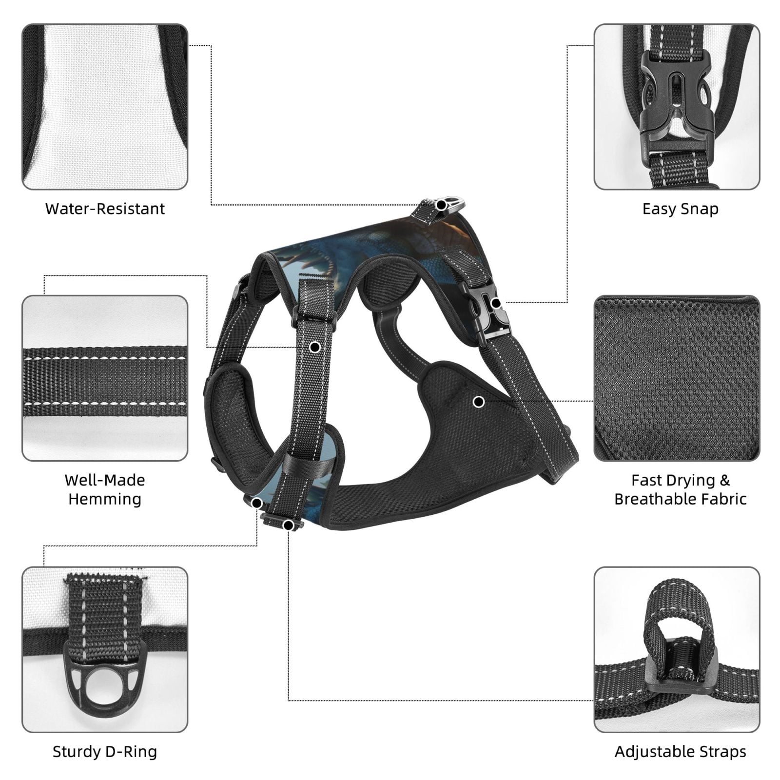 Fuzoiu Wild Blue Cool Dragon Print Reflective Dog Harness,Adjustable, Breathable Pet Vest,Dog Harness No Pull,No Choke Pet Vest for Small, Medium, and Large Dogs-Medium
