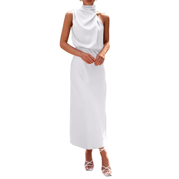 Vestido PRETTYGARDEN 2025 de satén sin mangas con cuello alto imitacion XXL blanco
