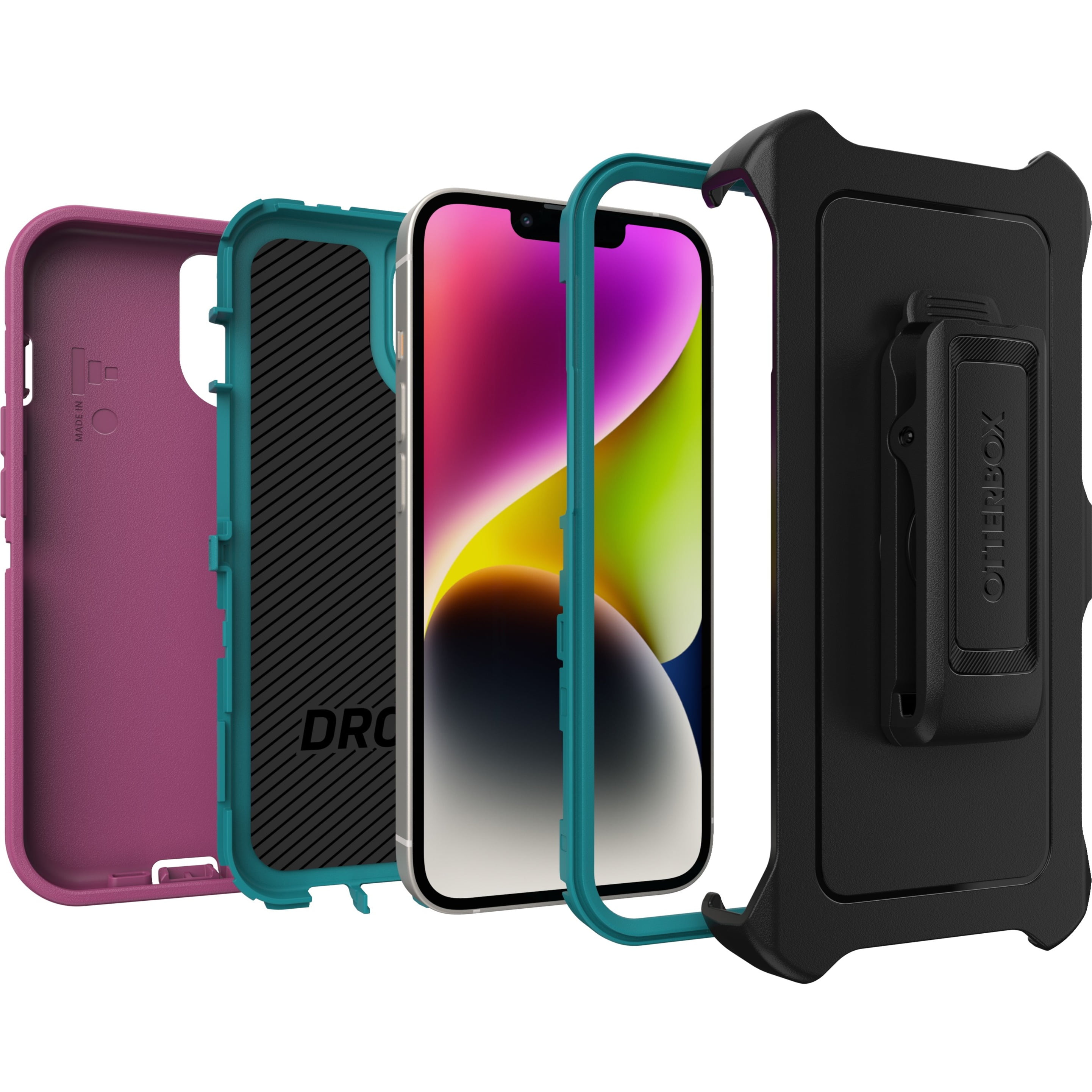 OtterBox Defender Rugged Carrying Case (Holster) Apple iPhone 14, iPhone 13 Smartphone, Canyon Sun (Pink)