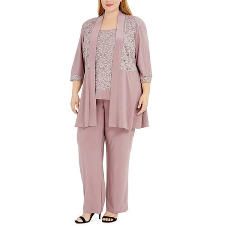 R&M Richards Plus size Women's Lace ITY 2 Piece Pant Suit - Mother of the bride outfit, 16W Mauve