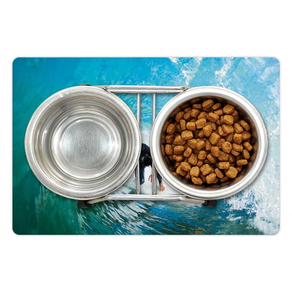 Ride the Wave Pet Mat for Food and Water, Surfer Inside Ocean Wave Adventure Adrenalin Energy Sea Sports Picture, Non-Slip Rubber Mat for Dogs and Cats, 18" X 12", by Ambesonne