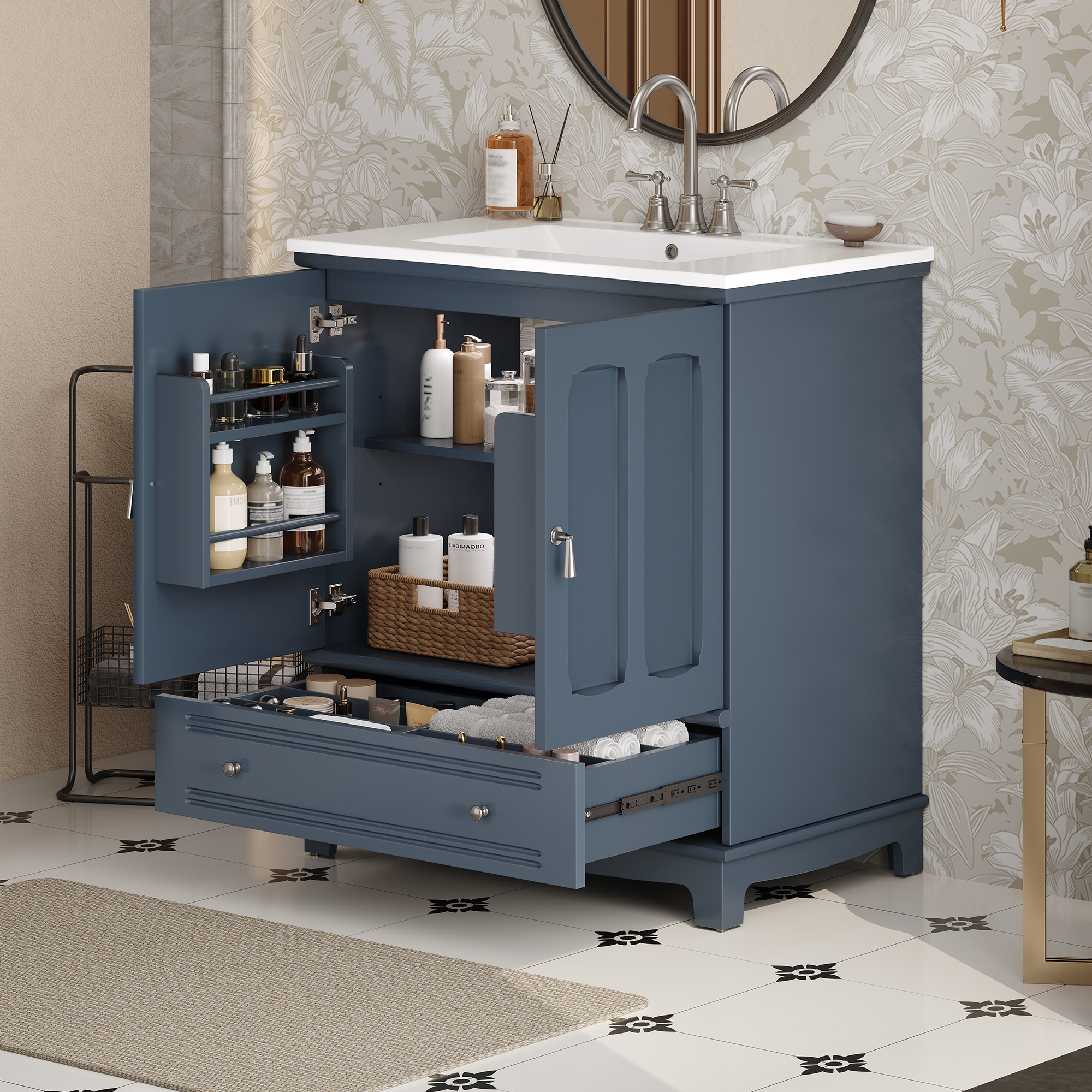 Euroco 30" Bathroom Vanity with Ceramic Sink, Solid Wood Frame Bathroom Sink Cabinet with Adjustable Shelf, Drawer with Divider, Solid Wood Feet