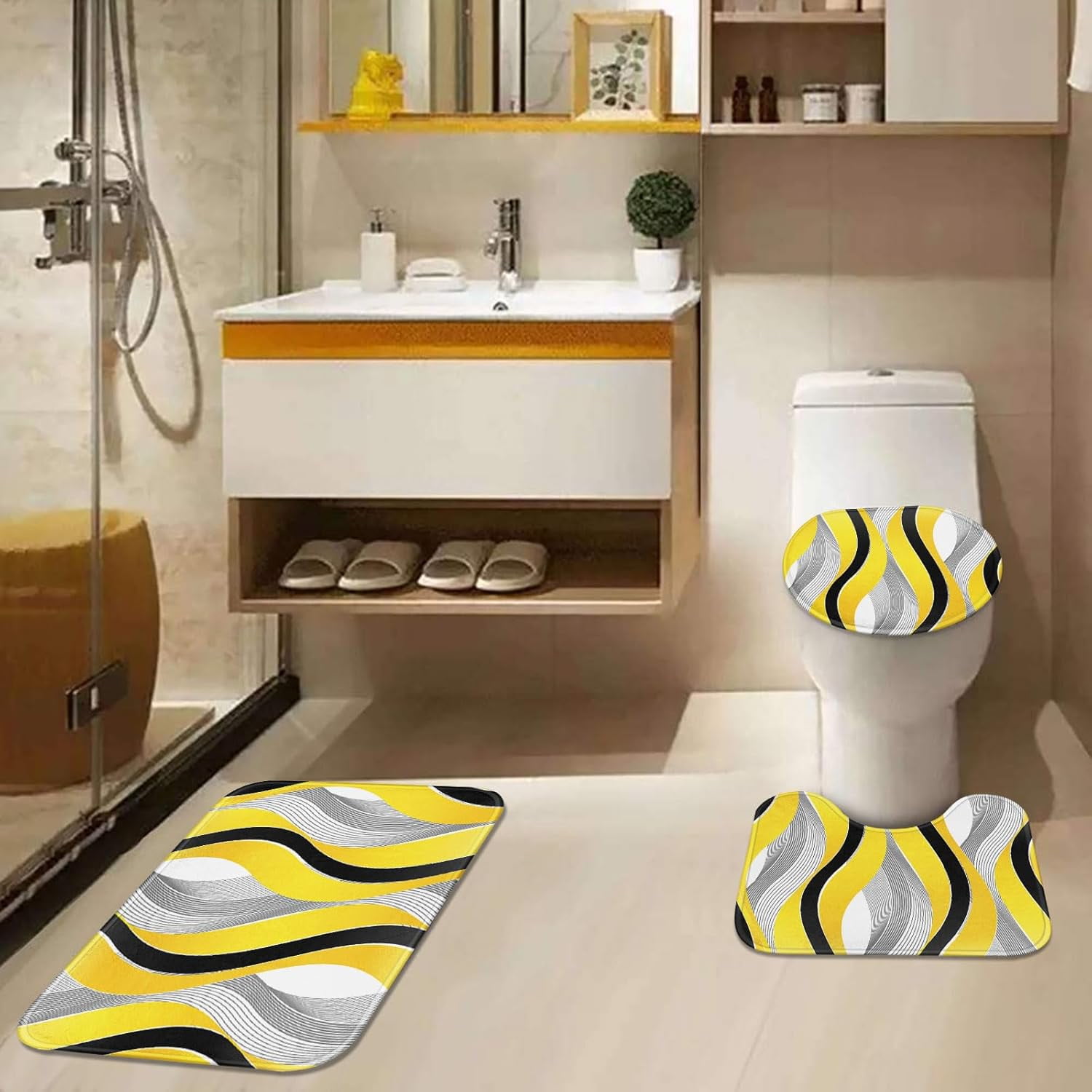 Grey Black Wavy Line Shower Curtain Set with Toilet Lid Cover and Non-Slip Rugs for Bathroom, Abstract Stripes 4 Pcs Shower Curtain, Modern Geometric Bathroom Set with 12 Hooks