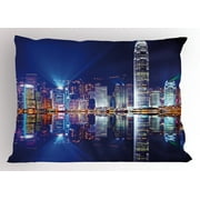 City Pillow Sham Hong Kong Island From Kowloon Vibrant View Water Reflection Modern China, Decorative Standard King Size Printed Pillowcase, 36 X 20 Inches, Royal Blue Orange White, by Ambesonne