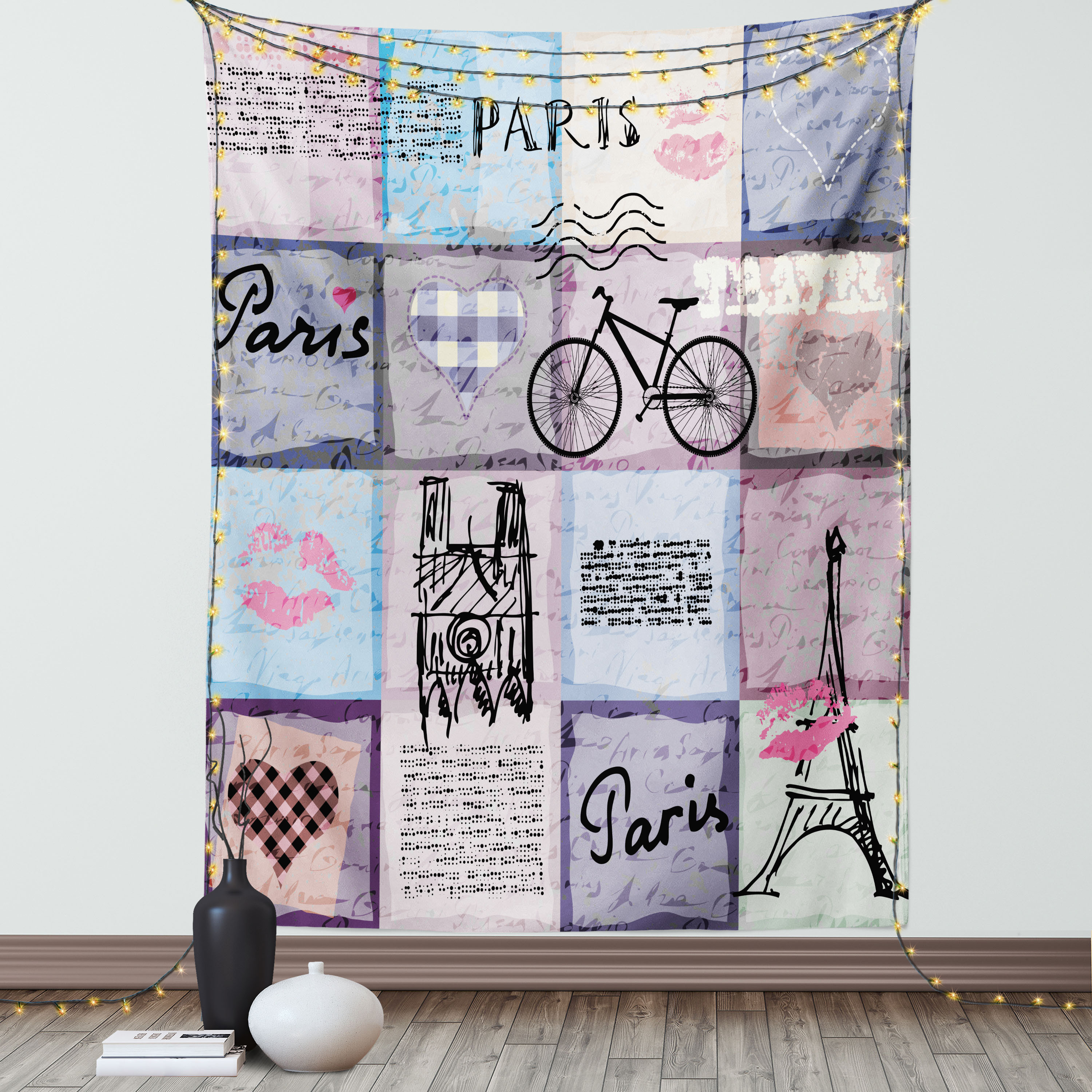 Ambesonne Paris Curtains - Eiffel Tower Floral Vintage Bike Print, Beige Satin Window Drapes, 2 Panel Set 108 X 84 Inches