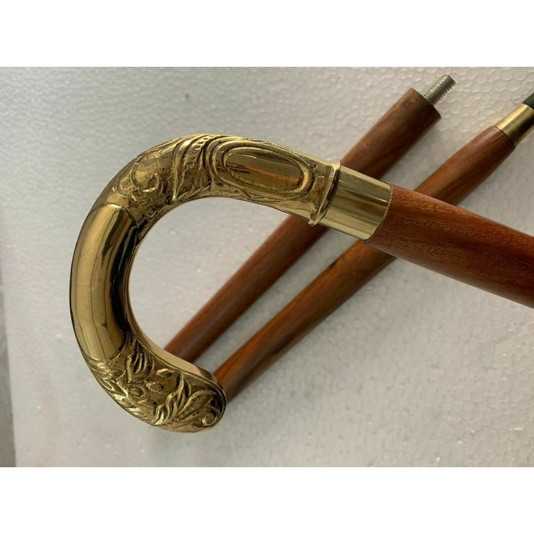 Handmade Walking Stick Cane, Golden Polished Brass Handle Wooden