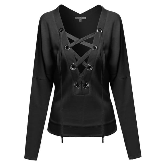 FashionOutfit Women's Casual Solid Long Dolman Sleeve Deep Plunge Lace up Neck Top