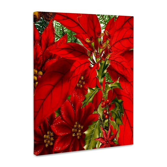 3dRose, Christmas Poinsettia print with holly and pine also known as the Star Flower, Museum Grade Canvas Wrap 11x14