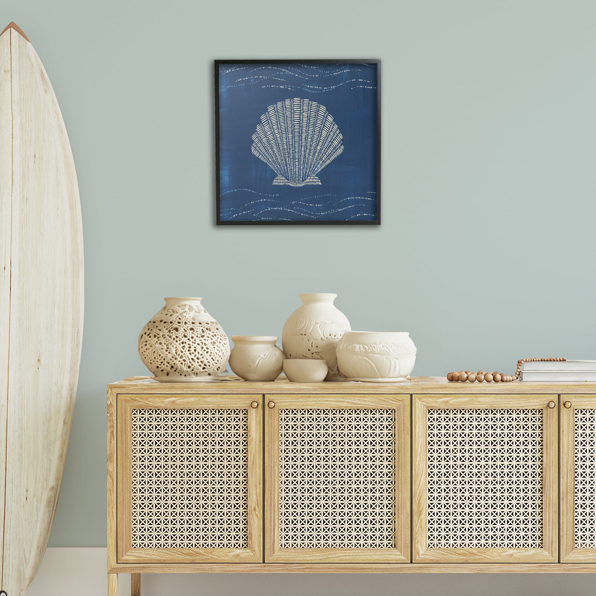 Stupell Industries Clam Shell on Blue Coastal Painting Black Framed Art Print Wall Art, 24 x 24