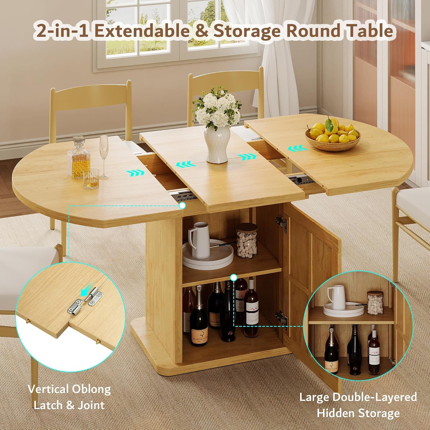 iPormis Extendable Round Dining Table for 4-6, 59'' Modern Kitchen Table with 2-Tier Storage Shelf, Wood Door, MDF Board, Space Saving Oval Dinner with Sturdy Pedestal Base, Kitchen, Dining,Oak